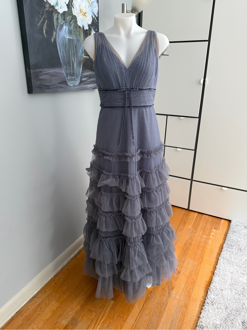 Grey Ruffled Tulle V-Neck Evening Dress